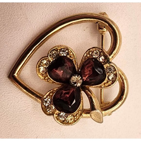 Vintage Heart & Clover Brooch With Rhinestones & Red Gems - Picture 4 of 5